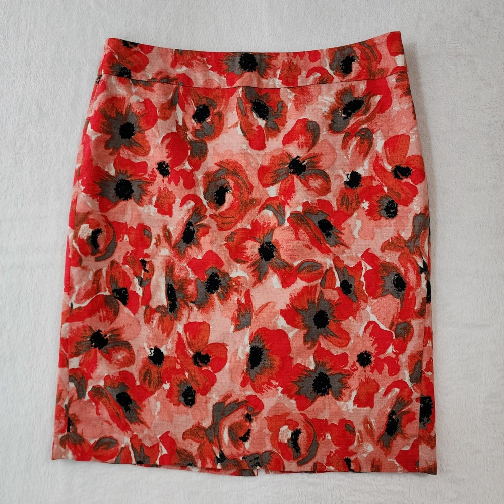 Ann Taylor Floral Pencil Skirt Womens 8 Red Poppies Cotton Career Maximalist